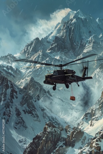An Attack Helicopters AH-64 Apache carefully drops supplies to a remote mountain outpost nestled among the peaks