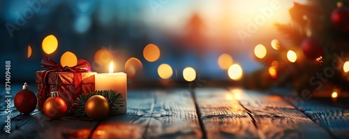 Cozy Christmas scene with glowing candle, wrapped gift, and holiday ornaments on rustic wooden table, blurred festive lights in background. photo