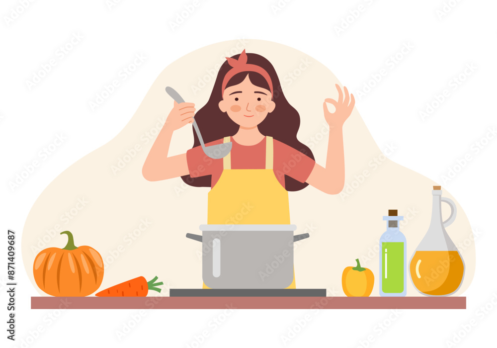 Cute girl in an apron cooking in kitchen with hand gesture Cute girl in an apron cooking in kitchen with hand gesture
