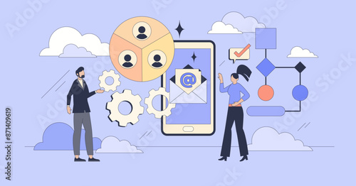 Automated business email marketing solutions tiny person neubrutalism concept. Effective communication with large customer groups using mail service automation to send offers vector illustration.