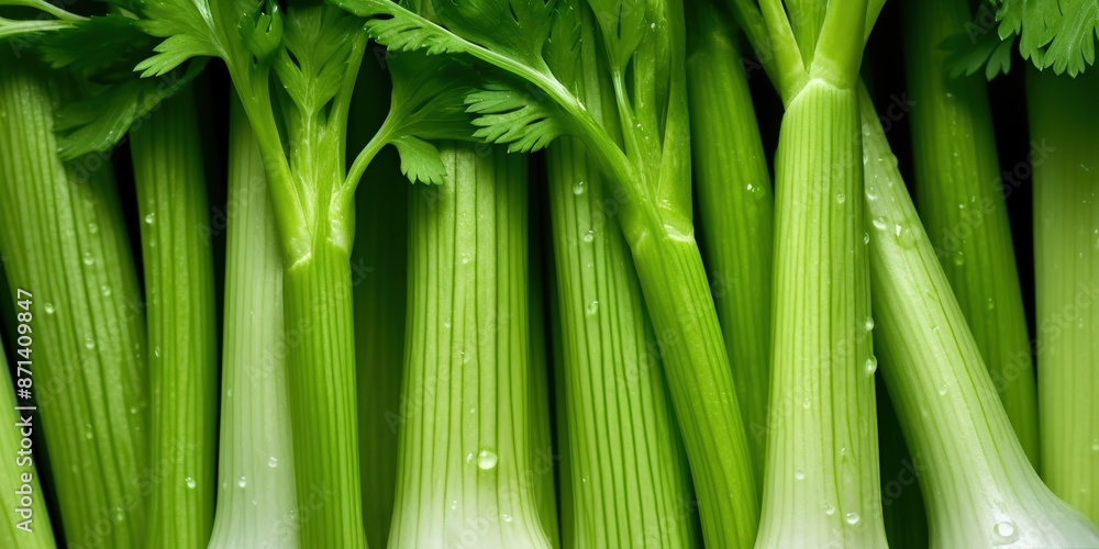 Fototapeta premium Fresh Green Celery Stalks, A close-up of fresh green pelager vegetable celery