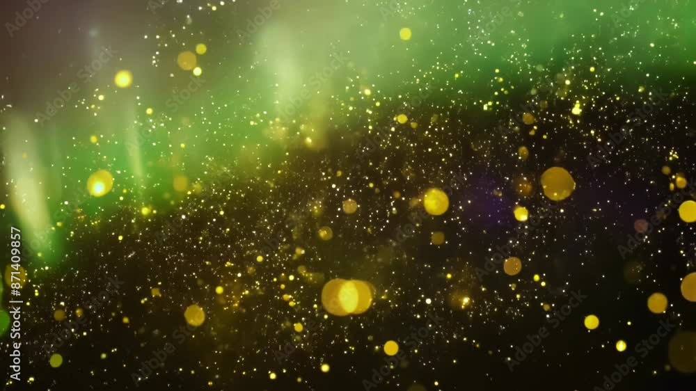 Golden particles shimmer against dark sky. Varying sizes of glowing orbs create magical bokeh effect. Ethereal atmosphere evokes wonder and enchantment. Golden particles shimmer against dark sky. Varying sizes of glowing orbs create magical bokeh effect. Ethereal atmosphere evokes wonder and enchantment.
