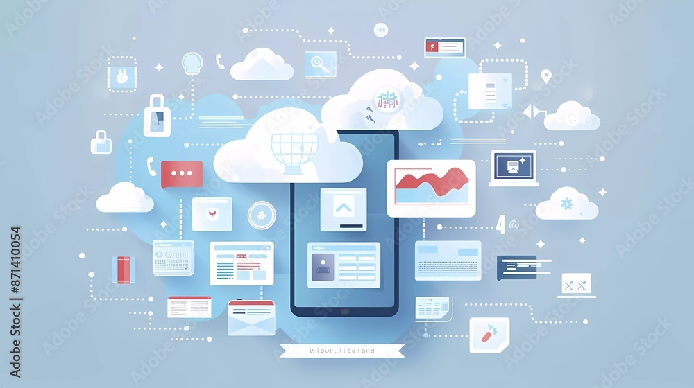 flat vector illustration of cloud file sharing and transfer with mobile devices, on blue background, in technology style, simple design flat vector illustration of cloud file sharing and transfer with mobile devices, on blue background, in technology style, simple design