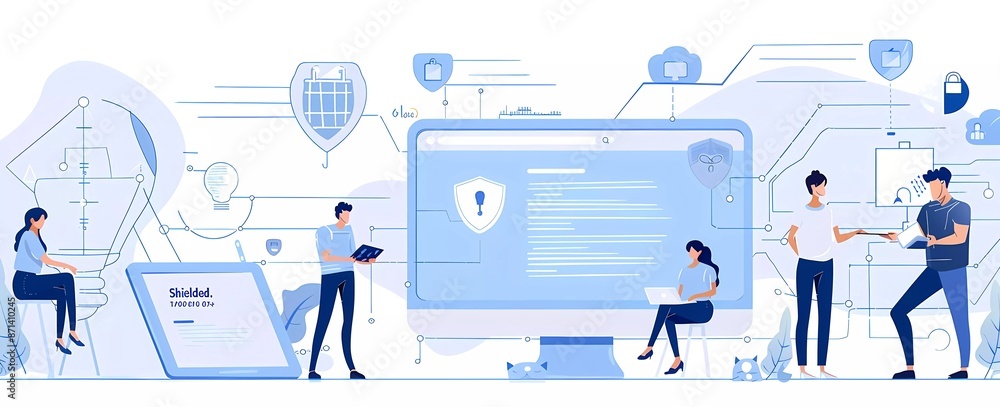 Flat vector illustration of data security concept with people using online systems