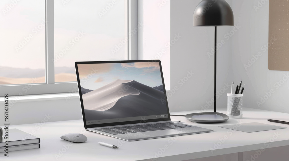A stylish, minimalist desk setup with a sleek laptop displaying a desert landscape, perfectly framed by the soft morning light streaming through the window. A stylish, minimalist desk setup with a sleek laptop displaying a desert landscape, perfectly framed by the soft morning light streaming through the window.