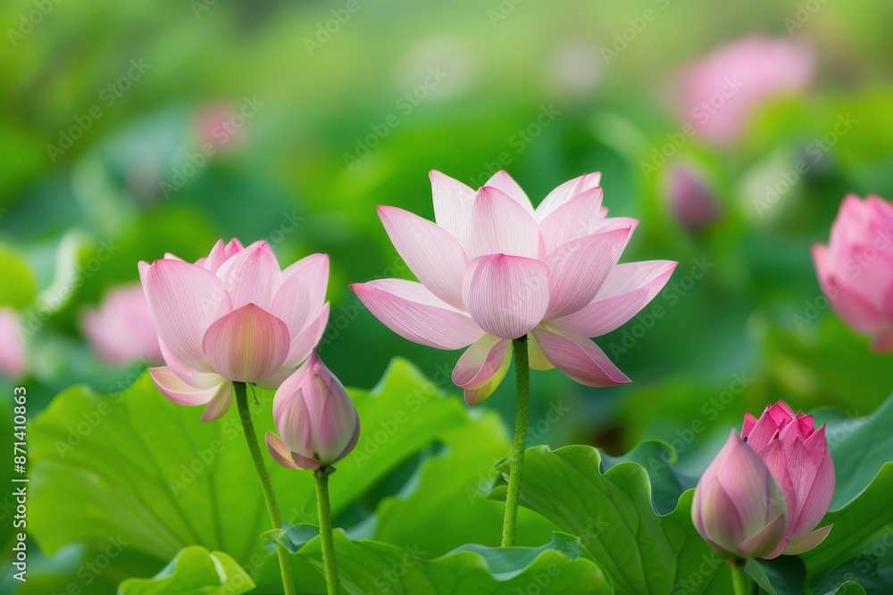Delicate pink lotus flowers bloom in a lush green pond. A serene and peaceful scene of nature's beauty. Delicate pink lotus flowers bloom in a lush green pond. A serene and peaceful scene of nature's beauty.