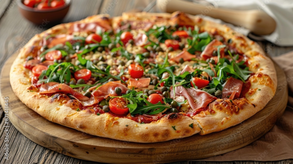 Prosciutto Pizza with Capers Tomatoes Arugula Mozzarella and Brie on Wooden Plate Prosciutto Pizza with Capers Tomatoes Arugula Mozzarella and Brie on Wooden Plate