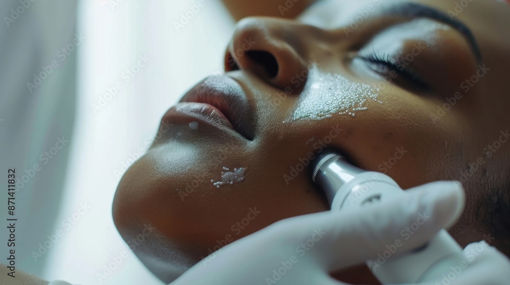 Fototapeta premium Close-up of a person receiving microdermabrasion, a handheld device gently exfoliating the skin