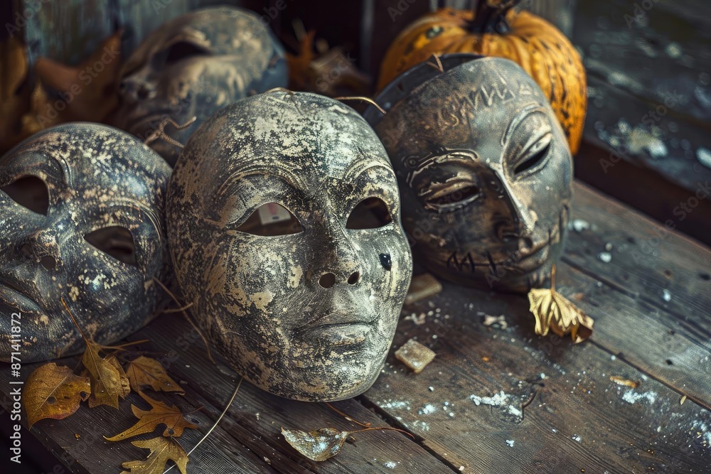 A collection of weathered masks on a rustic wooden table with autumn leaves and a pumpkin in the background. A collection of weathered masks on a rustic wooden table with autumn leaves and a pumpkin in the background.