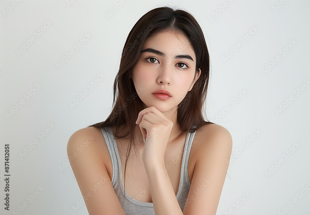 Beautiful woman straight hair wearing light gray tank top holding her chin front of white background She touching side of her face slightly skin tone no blemish she appears have fair complexion Her Beautiful woman straight hair wearing light gray tank top holding her chin front of white background She touching side of her face slightly skin tone no blemish she appears have fair complexion Her