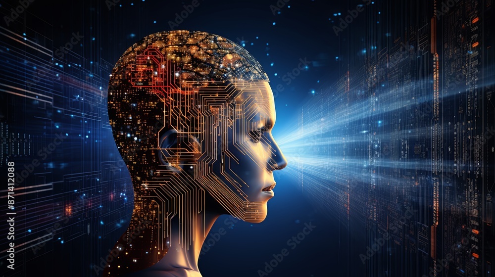 Abstract artwork of human head silhouette with circuit board design Abstract artwork of human head silhouette with circuit board design