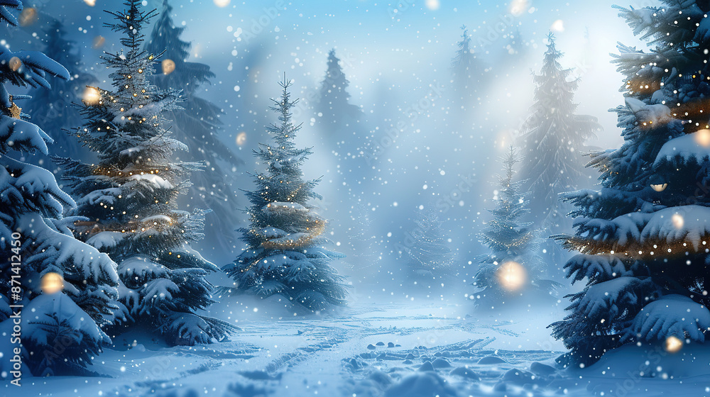 Enchanting Christmas background with a snowy forest and snow-covered fir trees, glowing holiday lights, and magical bokeh on a serene blue backdrop. Perfect winter landscape for festive Christmas card Enchanting Christmas background with a snowy forest and snow-covered fir trees, glowing holiday lights, and magical bokeh on a serene blue backdrop. Perfect winter landscape for festive Christmas card