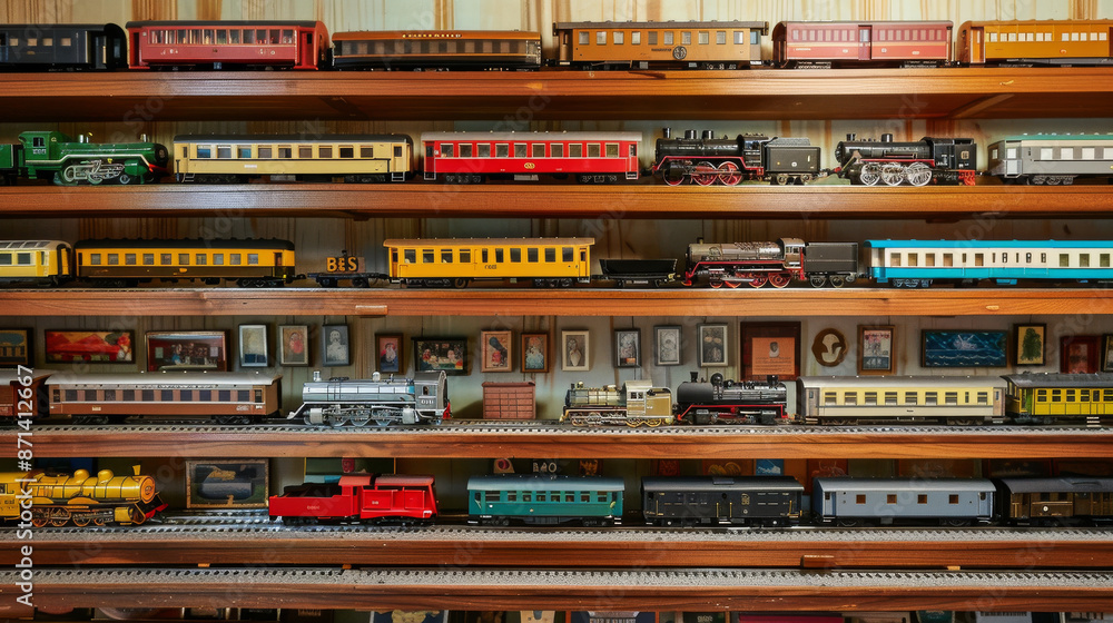 A rich assortment of model trains carefully displayed on wooden shelves, showcasing detailed miniatures in various vibrant colors and classic designs. A rich assortment of model trains carefully displayed on wooden shelves, showcasing detailed miniatures in various vibrant colors and classic designs.