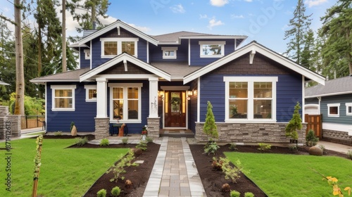 Gorgeous American home with blue exterior and white trim.  © Chayna