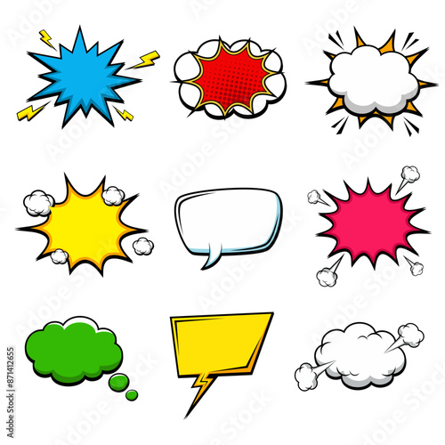 Retro empty comic bubbles and elements set with on white background. Vector illustration, vintage design, pop art style.