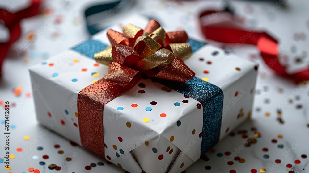 A gift box with red, blue, and gold ribbon and confetti. A gift box with red, blue, and gold ribbon and confetti.