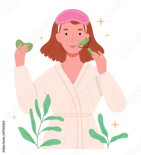 The girl is doing a gouache massage for the face.Girls beauty routing for skin care. Home skincare procedure, treatment. Flat vector illustration isolated on white background