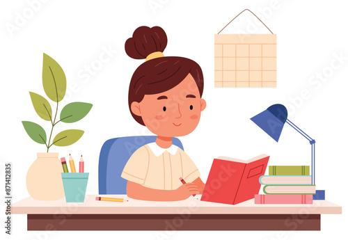 Girl studying with books. Cute school girl studying at home, learning, sitting at desk.Back to school, online education concept vector illustration in flat style