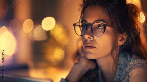 A woman with glasses intently focuses on a task, bathed in the soft, warm glow of indoor lighting.