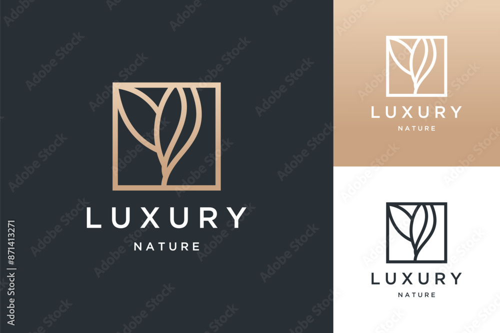 Minimalist ecology plants and flowers, leaf natural and square with a line logo design Minimalist ecology plants and flowers, leaf natural and square with a line logo design