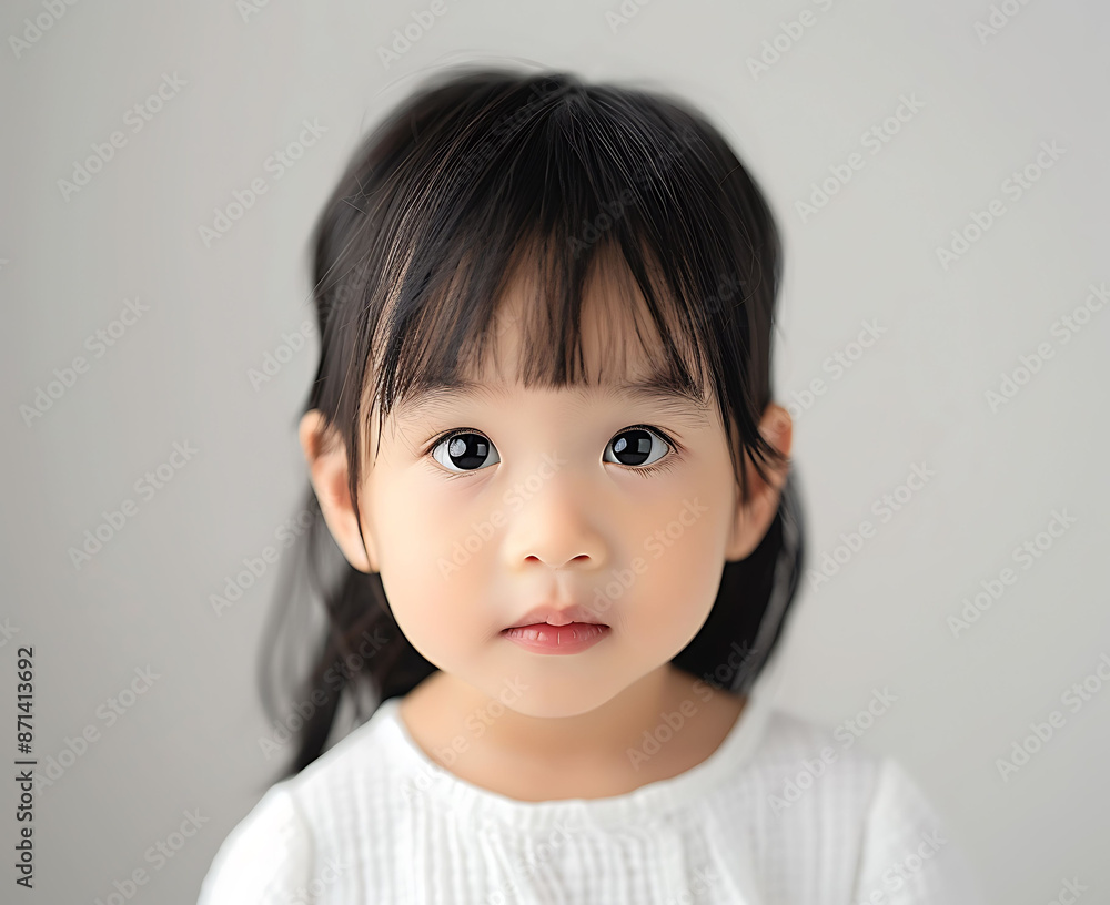 Cute baby girl black hair wearing white upper body closeup shot Asian face against pure white background style of photography soft light shadow detail showing delicate skin texture warm color tone Cute baby girl black hair wearing white upper body closeup shot Asian face against pure white background style of photography soft light shadow detail showing delicate skin texture warm color tone