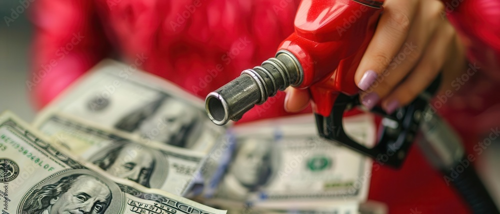 Fototapeta premium Woman holding a gas nozzle with dollar bills flowing out, oil price rise, personal finance impact,