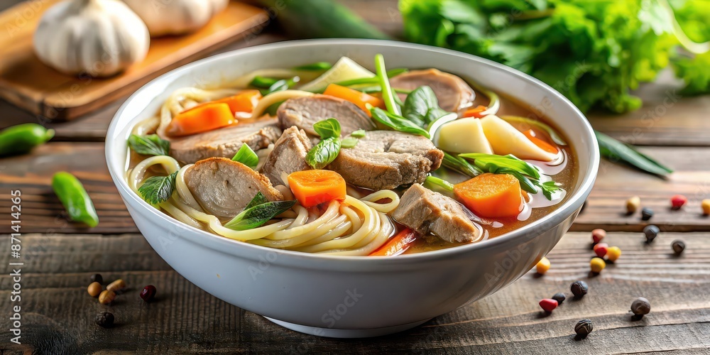 Asian noodle soup with pork, bok choy, mushrooms, and carrots in a white bowl, Asian cuisine, noodles, soup, meat Asian noodle soup with pork, bok choy, mushrooms, and carrots in a white bowl, Asian cuisine, noodles, soup, meat