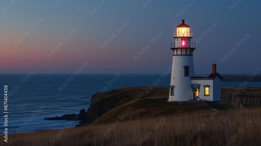 A lighthouse is on a hill overlooking the ocean A lighthouse is on a hill overlooking the ocean