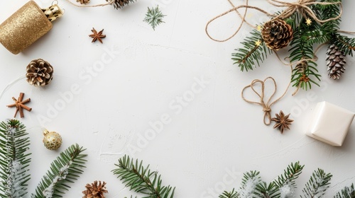 Top down view of holiday decor on white surface