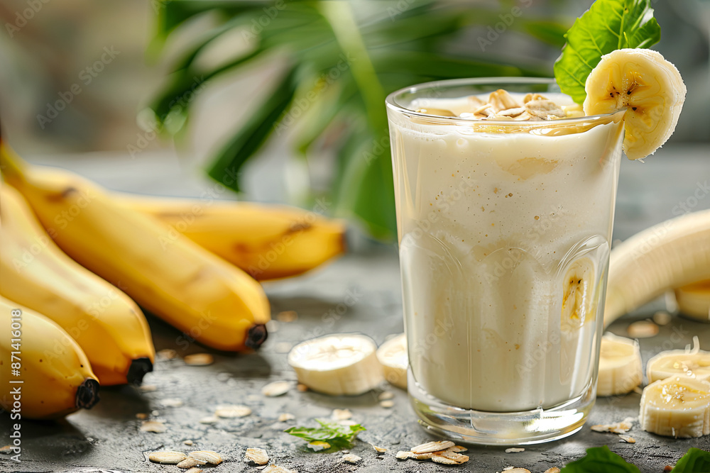 Healthy banana smoothie in a glass with bananas on a table, food photography background Healthy banana smoothie in a glass with bananas on a table, food photography background