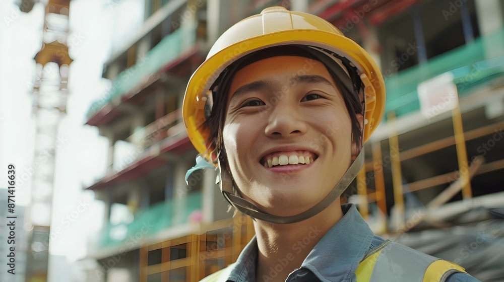 Asian Construction Worker Smiling in Modern Hallyu Inspired Attire Asian Construction Worker Smiling in Modern Hallyu Inspired Attire