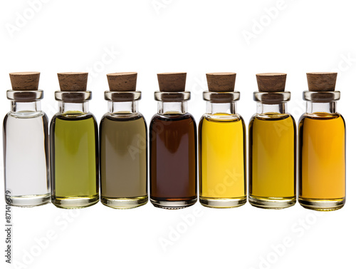 a row of small bottles with different colored liquids