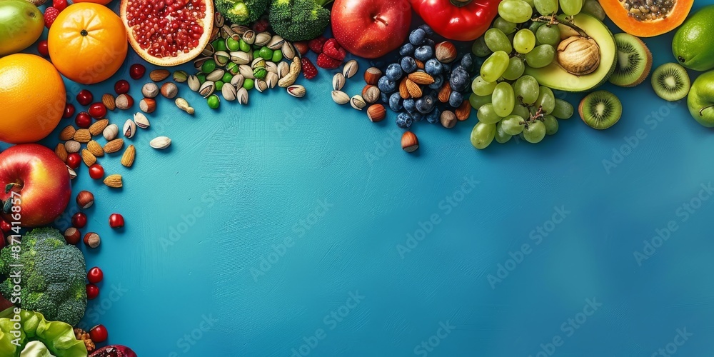 A visually striking arrangement of colorful fruits and nuts on a vibrant blue surface, capturing the essence of freshness and healthiness in UHD 4K sharp focus. A visually striking arrangement of colorful fruits and nuts on a vibrant blue surface, capturing the essence of freshness and healthiness in UHD 4K sharp focus.