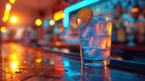 Vibrant Nightlife at the Bar: Icy Cocktail with Orange Slice, Neon Lights, Bokeh Effect, Refreshing Drink, Evening Ambiance, Chilled Beverage, Atmospheric Pub, Summer Night, Party Vibes
