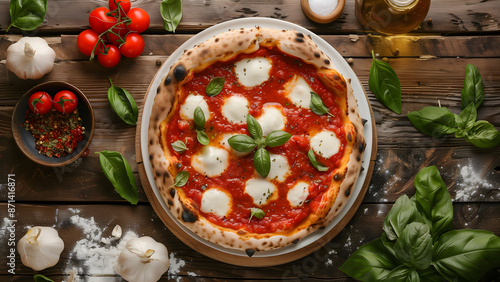 Margherita pizza with mozzarella and basil top view on the cozy wood table.