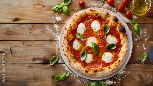 Margherita pizza with mozzarella and basil top view on the cozy wood table.