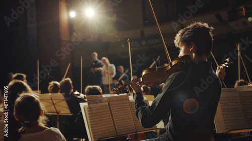 Young musicians passionately playing violins in an orchestra, illuminated by stage lights, creating a dynamic and inspiring concert atmosphere.