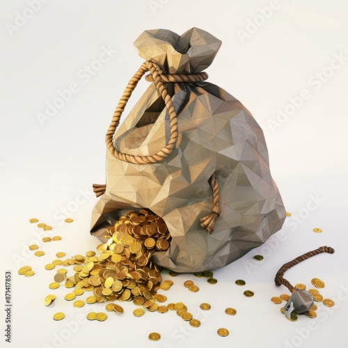 3D Render, Low Poly style of a pirate’s loot bag with gold spilling out, on isolated white background, Generative AI
