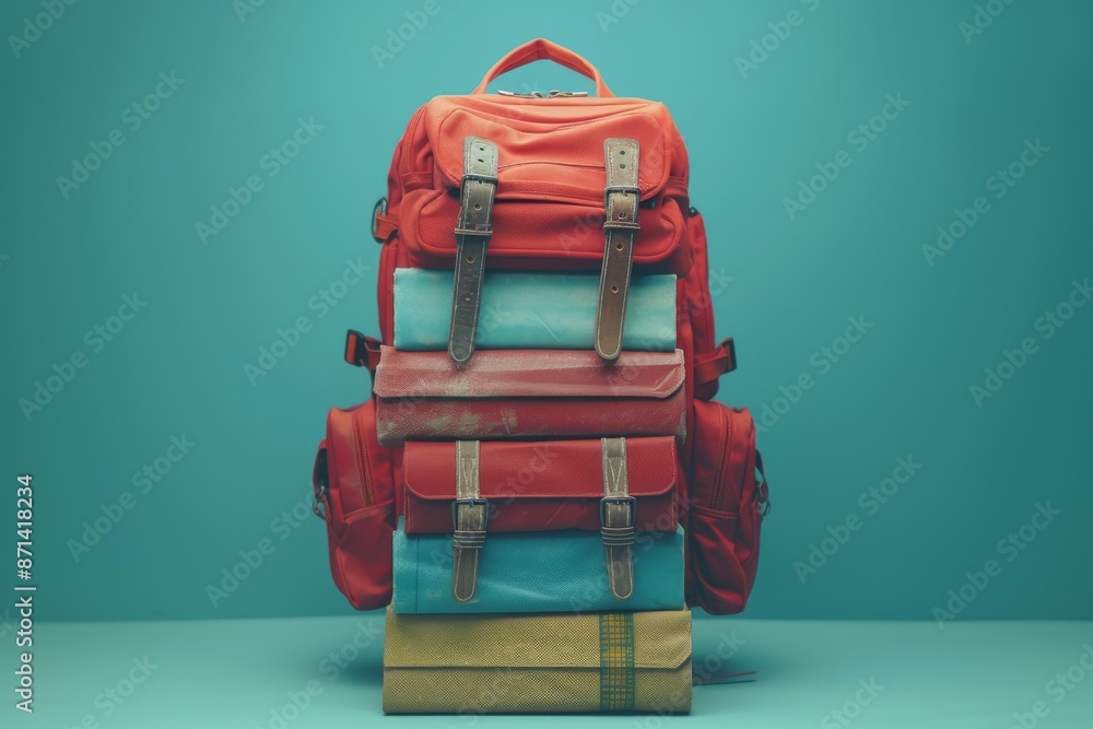 Red backpack stacked on top of a pile of books in a minimalist setting with a blue background Red backpack stacked on top of a pile of books in a minimalist setting with a blue background