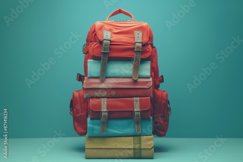 Red backpack stacked on top of a pile of books in a minimalist setting with a blue background