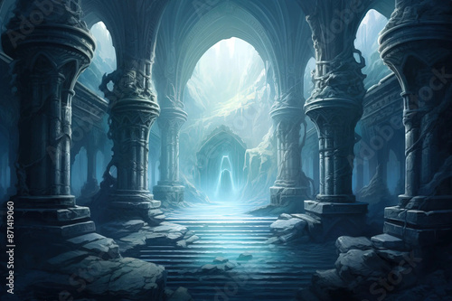 Marble-columned passage, a bridge to enchanted realms. Fantasy wallpaper