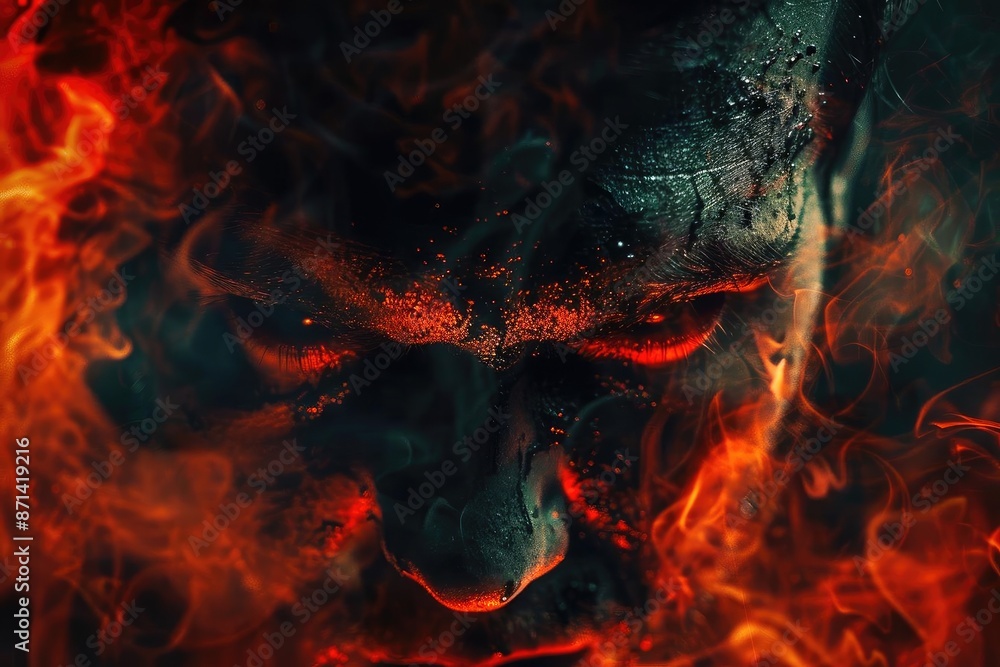 Dark and intense fiery portrait of a face surrounded by flames, evoking a sense of mystery and danger with vivid red and orange hues. Dark and intense fiery portrait of a face surrounded by flames, evoking a sense of mystery and danger with vivid red and orange hues.