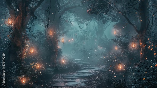 Enchanting forest path illuminated by glowing lanterns, creating a mystical atmosphere in a woodland setting.