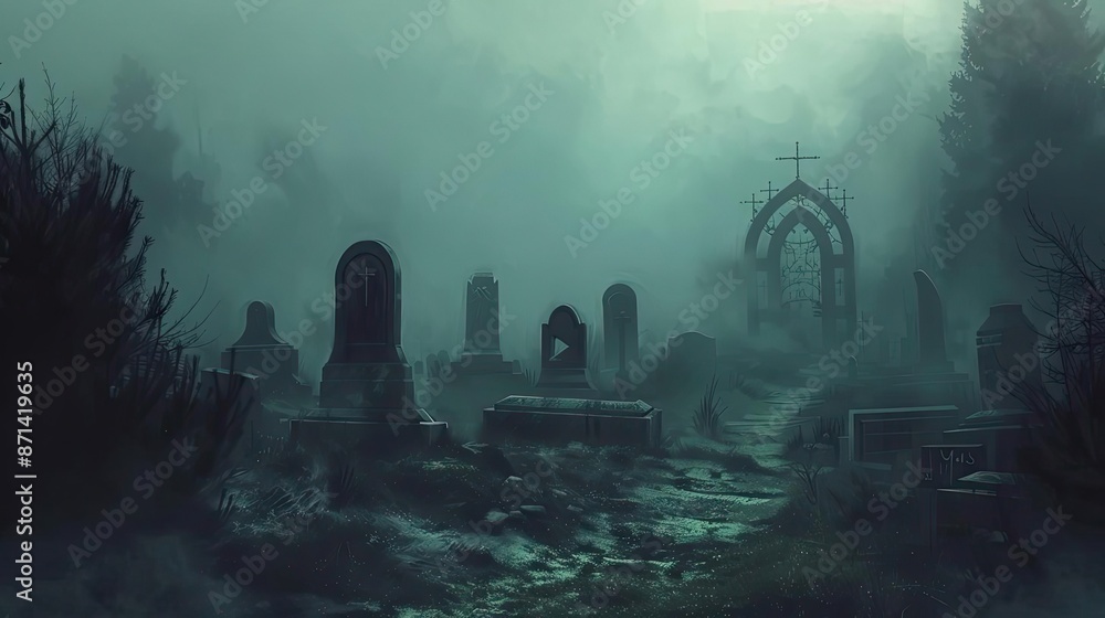 Eerie, mist-covered graveyard with tombstones and a gothic arch, shrouded in darkness, creating a spooky and haunting atmosphere. Eerie, mist-covered graveyard with tombstones and a gothic arch, shrouded in darkness, creating a spooky and haunting atmosphere.