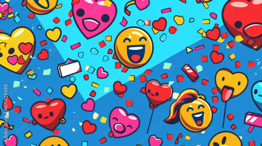 Colorful and joyous emoji graphics burst with expressions of happiness, love, and excitement, set against a vibrant blue background. Colorful and joyous emoji graphics burst with expressions of happiness, love, and excitement, set against a vibrant blue background.