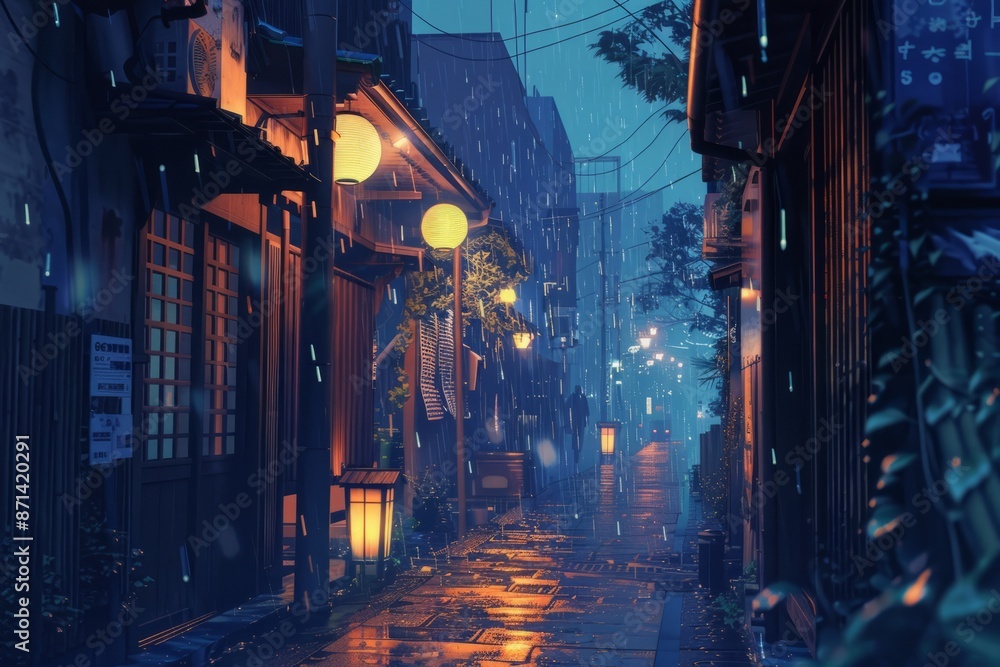 Obraz premium a quiet alleyway with lanterns and the sound of rain echoing off cobblestones, creating a tranquil urban retreat. Cozy vibe, Generative AI