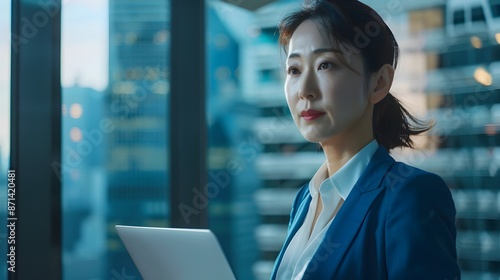 Free Download Elegant Asian Businesswoman Holding Laptop in Sleek Urban Office Interior - GFXLoad