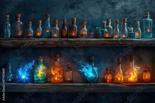 Magical potion bottles glowing on wooden shelves in a dark, mystical setting. Perfect for fantasy and alchemy themed projects.