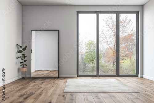 Luxurious empty room interiors with a window providing natural light, a mirror on the wall and minimal furniture. Luxury residential real estate composition in neutral colors.