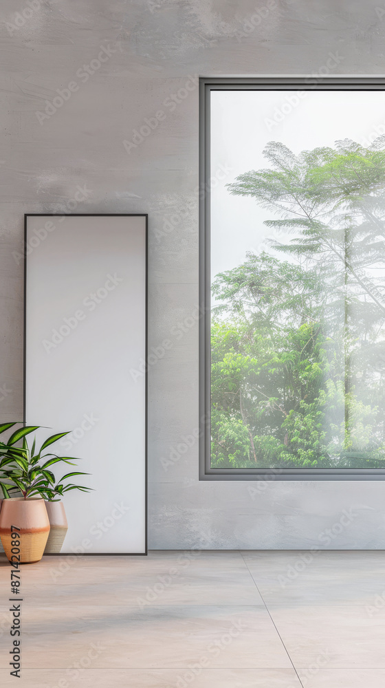 Luxurious empty room interiors with a window providing natural light, a mirror on the wall and minimal furniture. Luxury residential real estate composition in neutral colors. Luxurious empty room interiors with a window providing natural light, a mirror on the wall and minimal furniture. Luxury residential real estate composition in neutral colors.